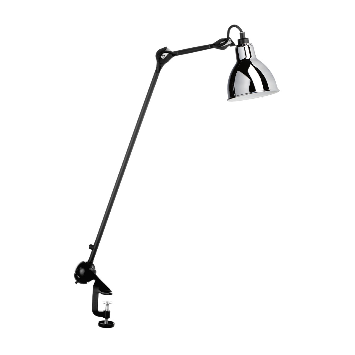 Lampe Gras N° 201 Tischleuchte, H: 59 cm Schwarz, Schirm Chrom Rund in Schwarz Chrom – elegante Designerlampe des Herstellers DCW Editions ideal am Schreibtisch