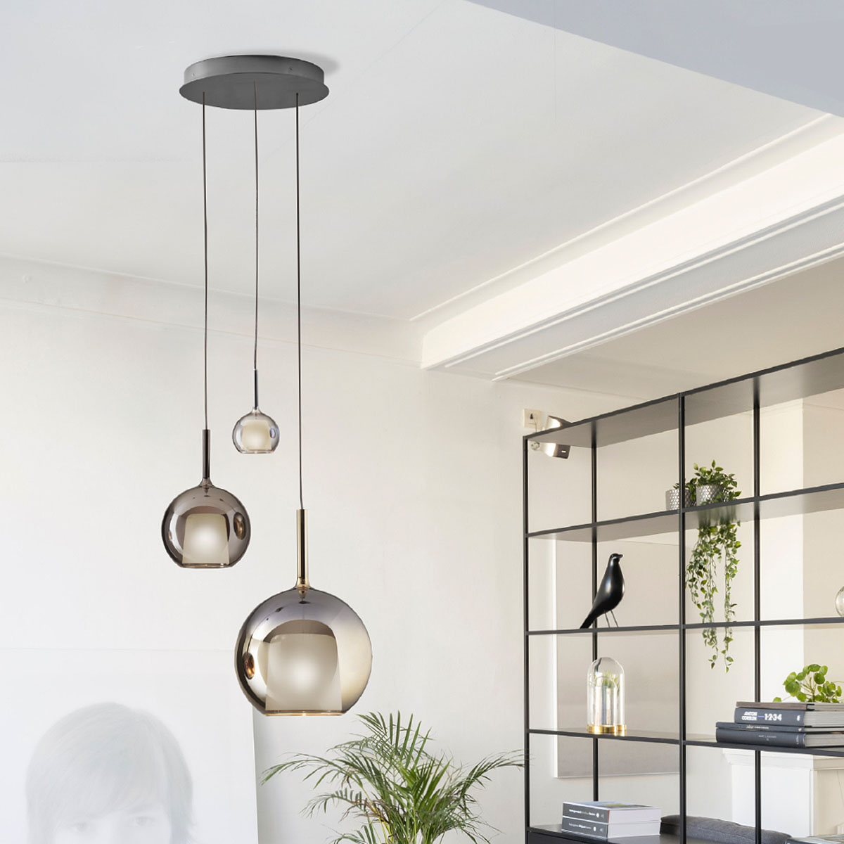 Penta Light Glo Komposition 3-flammig, Baldachin Ø: 42 cm Glaspendel – handgefertigtes Glas in Titanfarben, handgefertigt in Italien, brillantes Strahlen, perfekt für die Leseecke