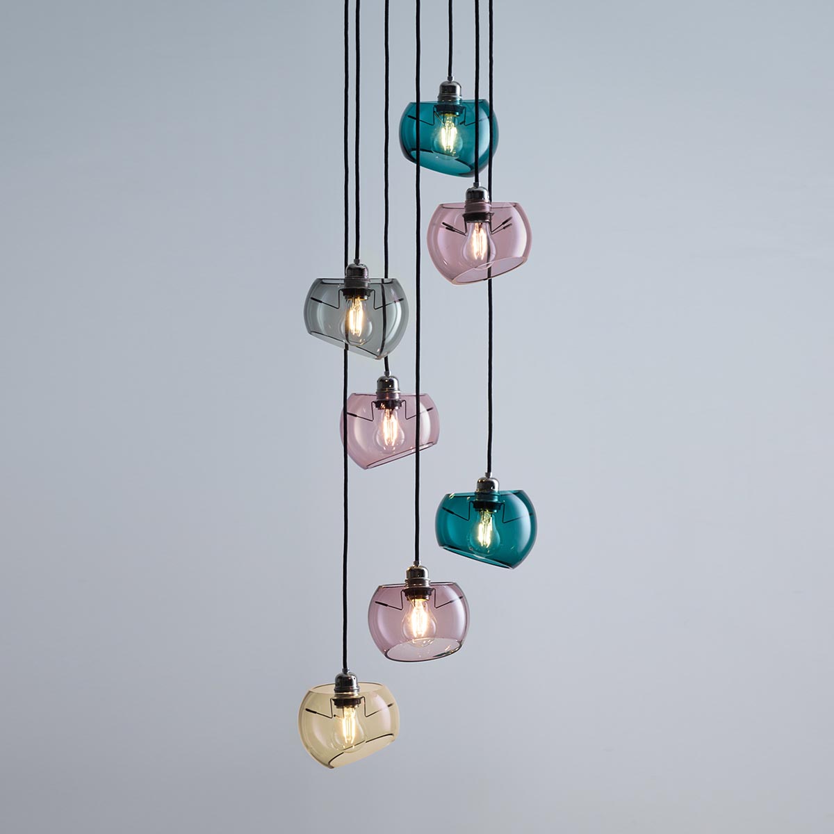 Glass Moons 7 Pendelleuchte, Ø: 16,5 cm, Spring, Edelstahl Sieben halbkugelförmige Pendelleuchten in Frühlingsfarben