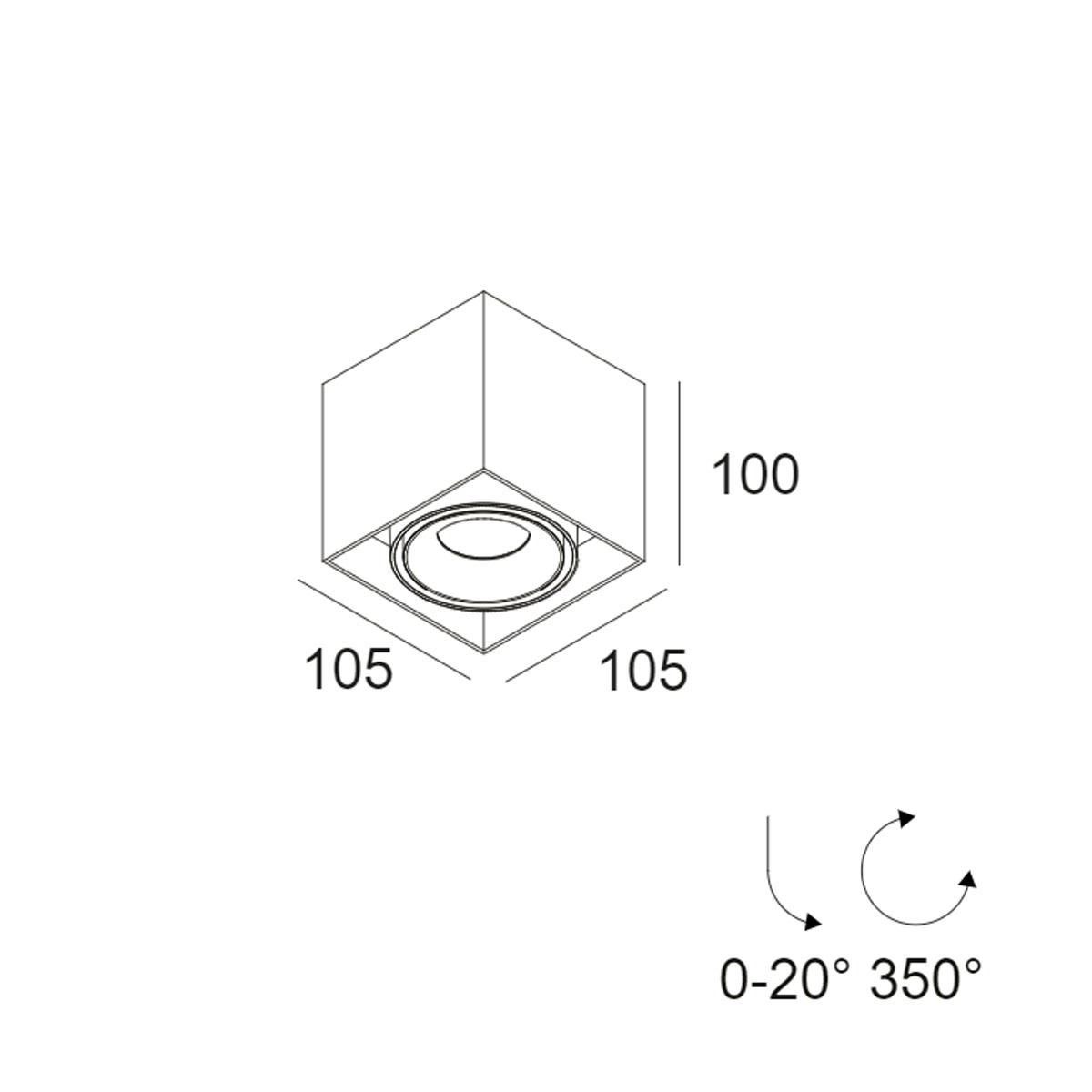 DeltaLight MINIGRID ON 150 93050 DIM8 Aufbaustrahler, L: 10,5 cm, B: cm Weiß & Schwarz, Warmweiß 3000K, 50° Aufbaustrahler – technische Zeichnung