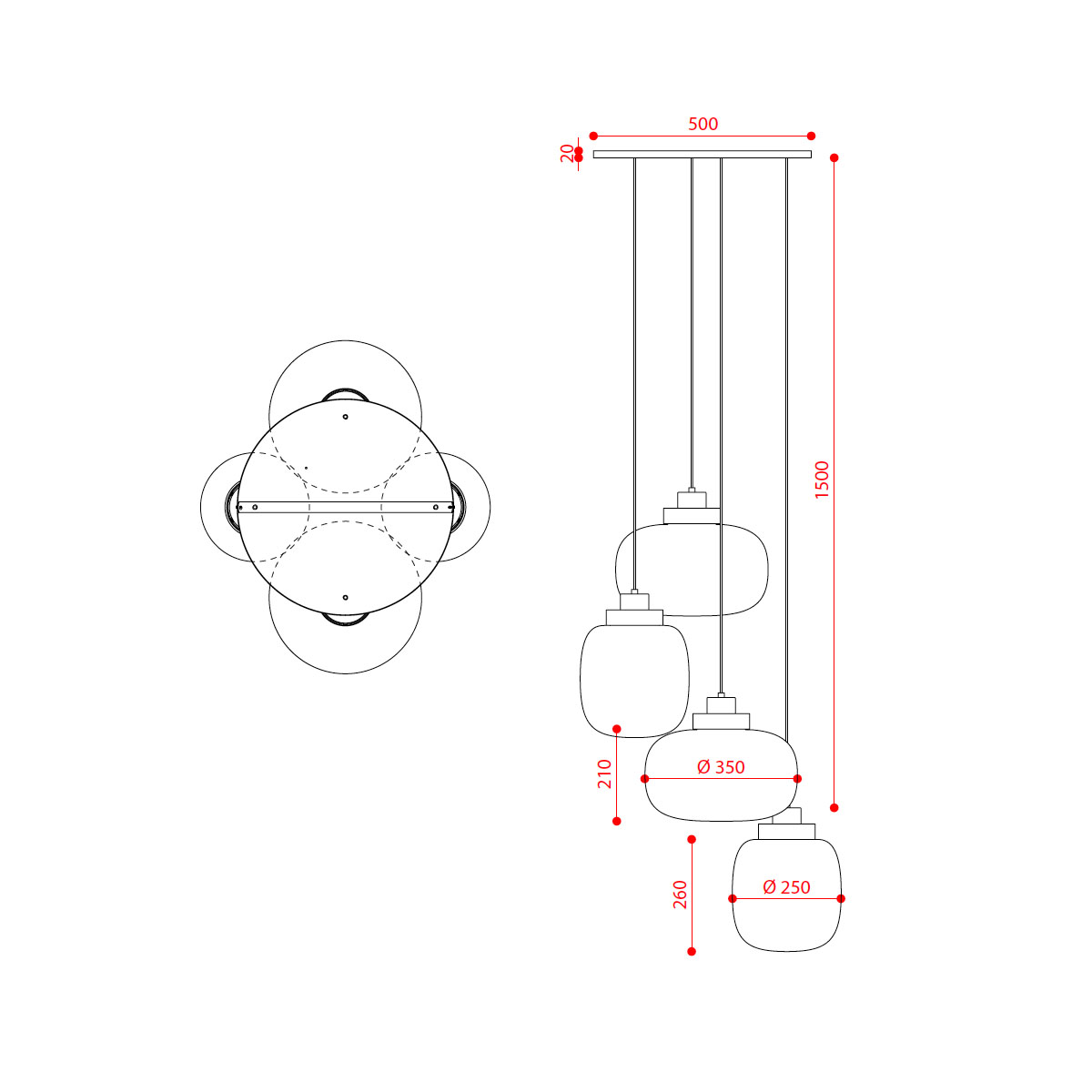 Legier 557.14 Pendelleuchte 4-flammig, Schwarz & Hellgrau, Rauchglas Legier 557.14 Pendelleuchte 4-flammig, Schwarz & Kupfer, Opalglas