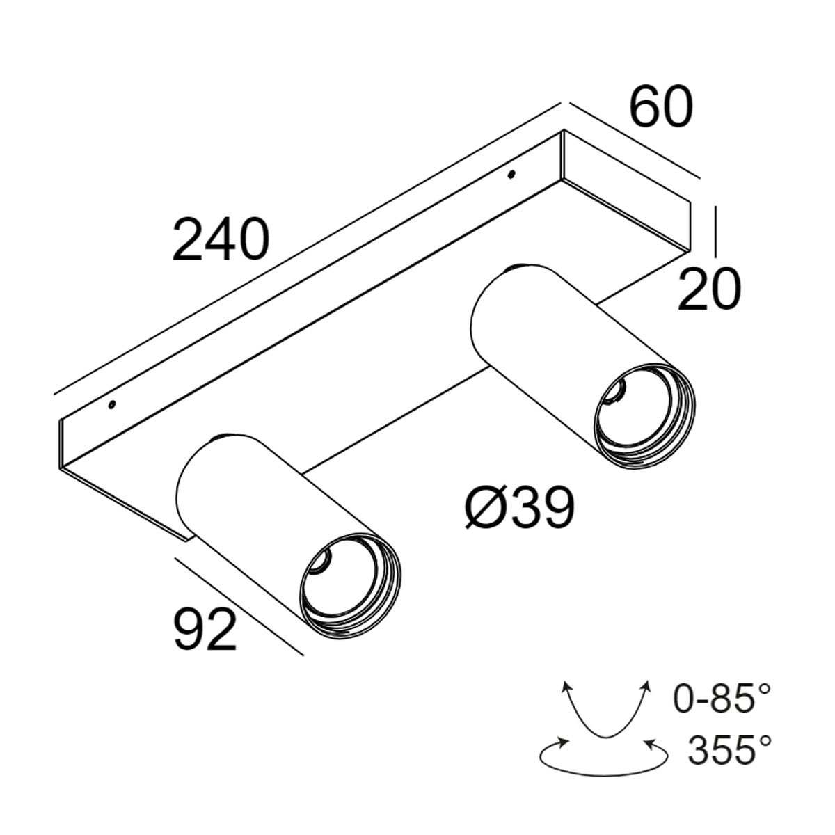 SPY 39 ON 2 92740 DIM8 Aufbaustrahler, Ø: 3,9 cm, L: 9,2 cm, Weiß, Extra-Warmweiß 2700K, 40°