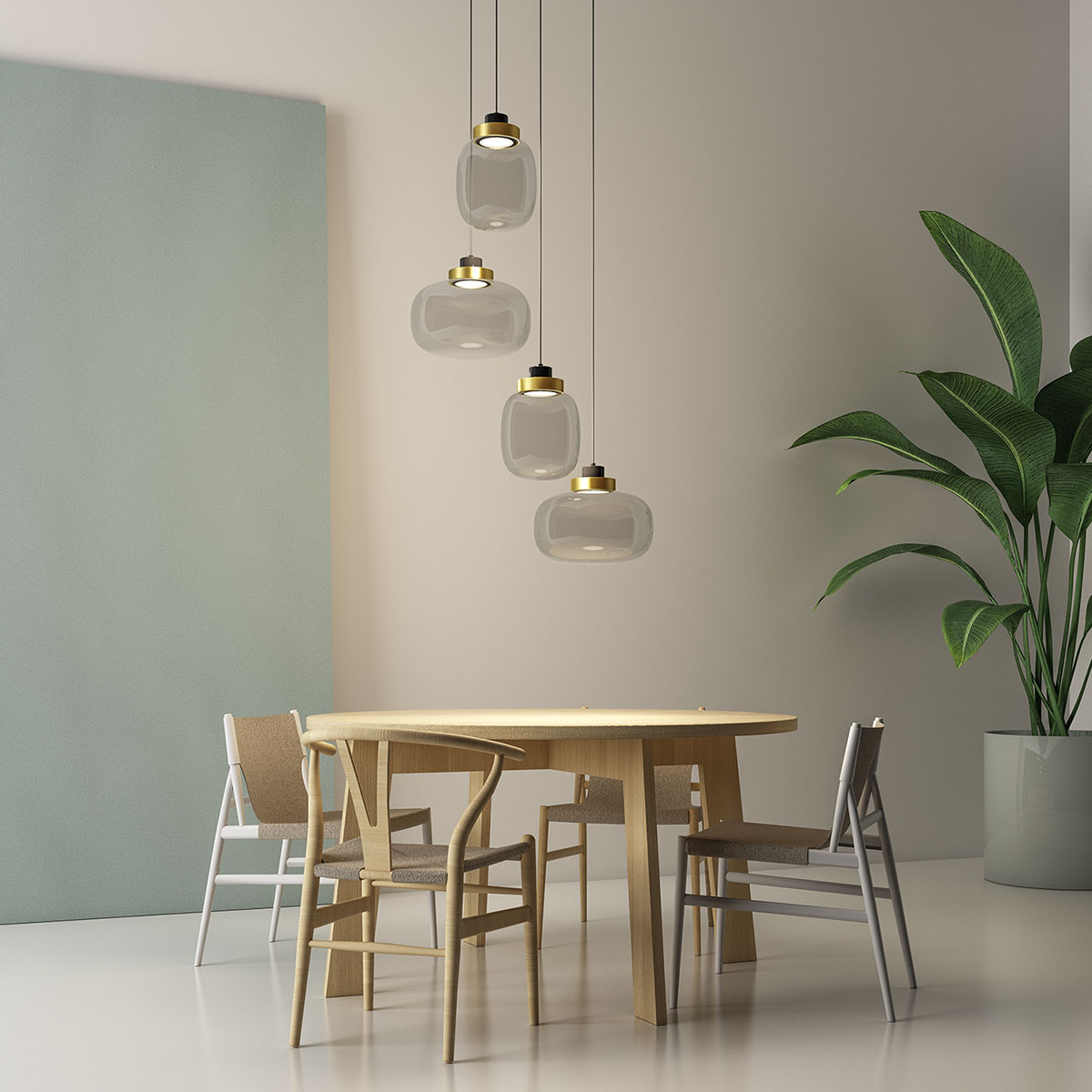 Designerleuchte TOOY Legier 557.14 Pendelleuchte 4-flammig, Schwarz & Hellgrau, Rauchglas aus Glas Aluminium Messing in Transparent Grau