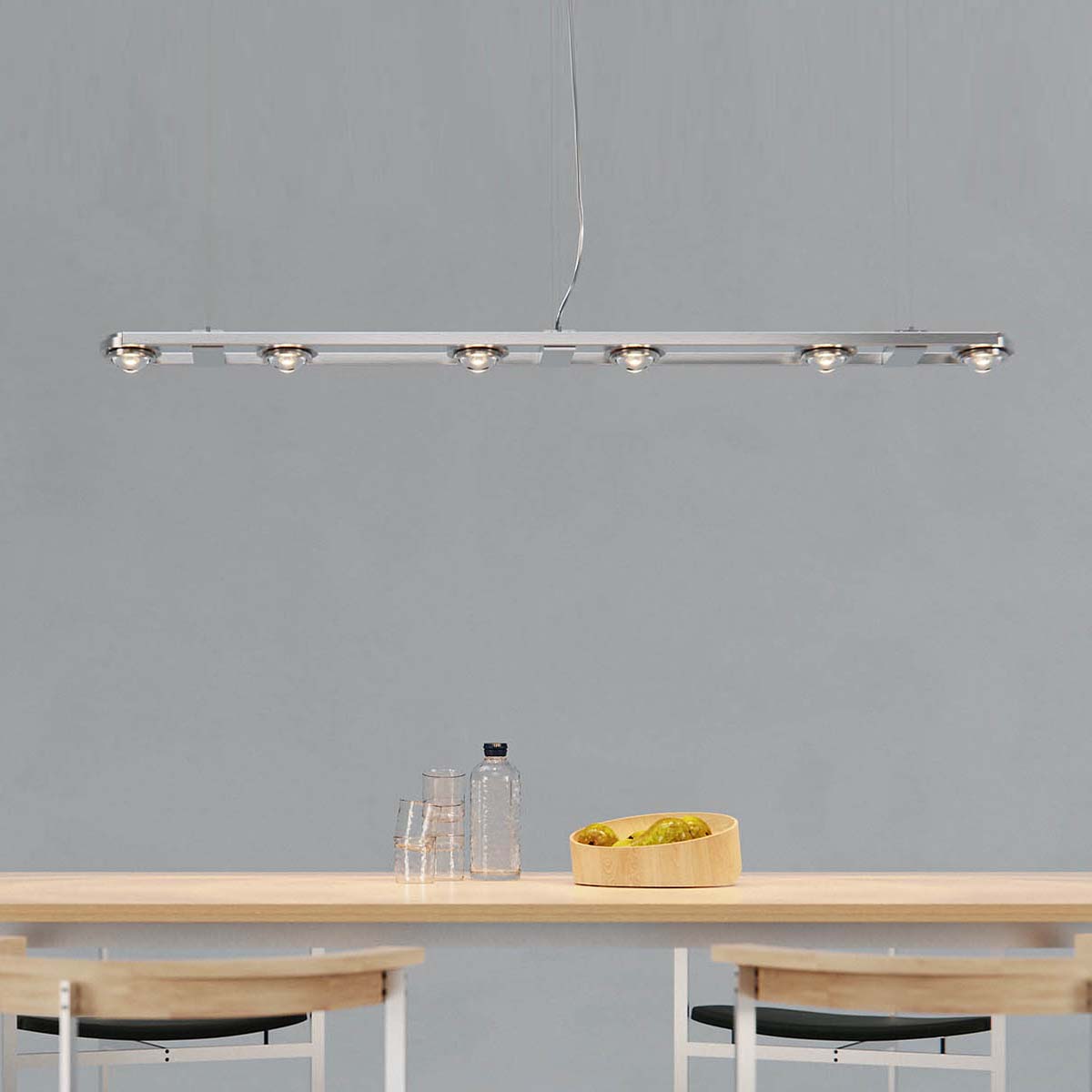 Ocular 6 Pendelleuchte, L: 236 cm, B:21 cm, Gebürstet Moderne und längliche Pendelleuchte gebürstet mit sechs Linsen