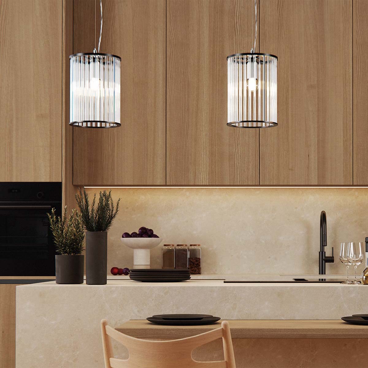 Licht im Raum Stilio Uno 180 Zwei elegante Pendelleuchten mit zylindrischem Glasschirm Licht im Raum Stilio Uno 180 Zwei elegante Pendelleuchten mit zylindrischem Glasschirm
