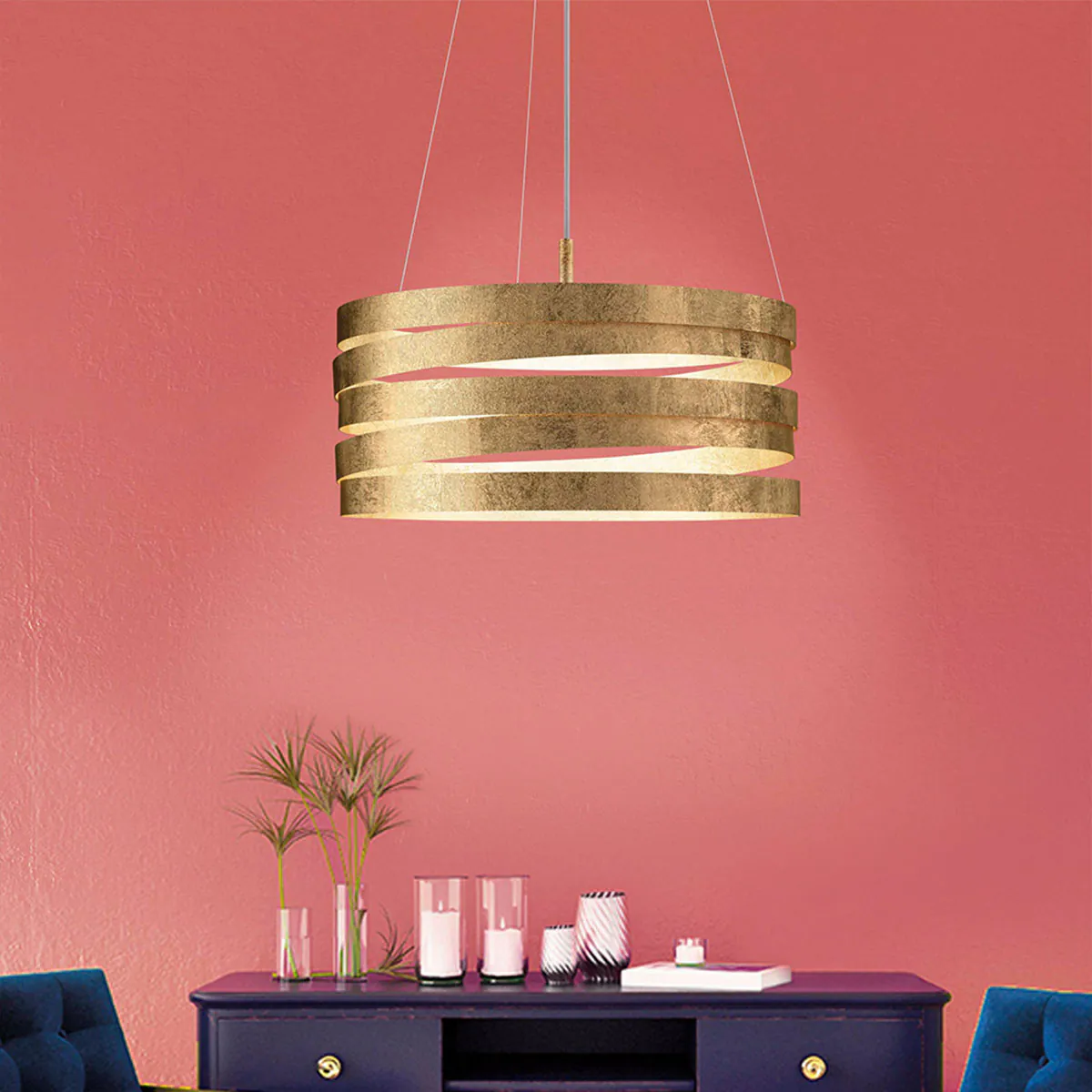 Band Pendelleuchte, Ø: 50 cm, H: 30 cm, Schwarz & Blattgold, LED