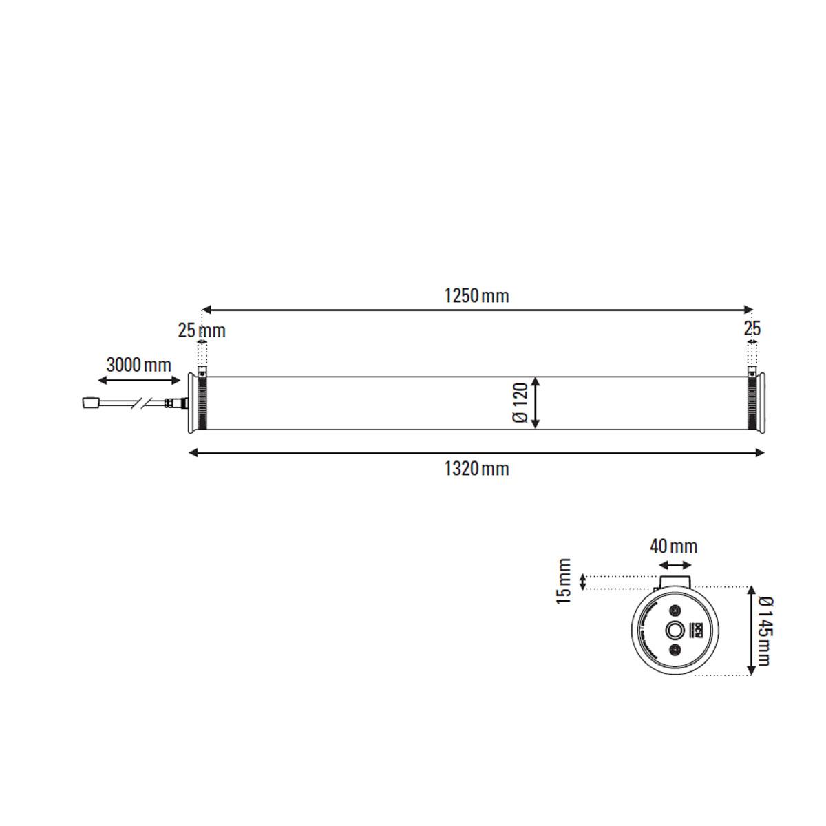 Technische Zeichnung DCW Editions In The Tube 120-1300 Wandleuchte, Silber, L: 132 cm