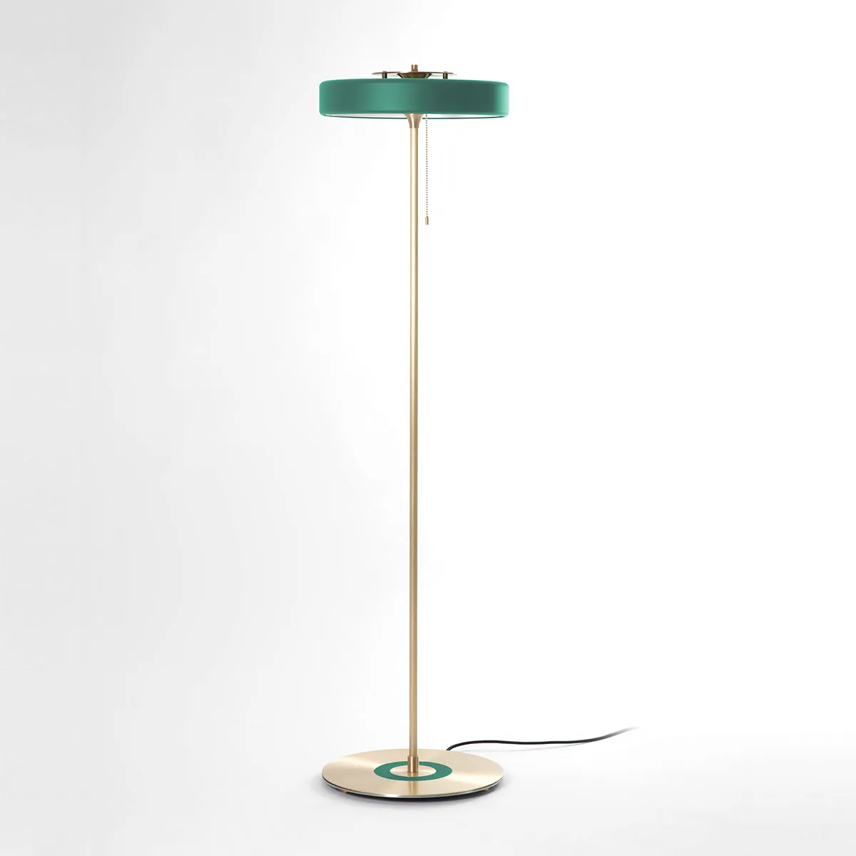 poliertes Messing und gebürstetes Aluminium und Polycarbonat Leuchte von Bert Frank – Revolve Stem Stehleuchte, H: 130 cm, Grün, Messing poliert, luxuriöses Statement-Design, atmosphärisches Licht