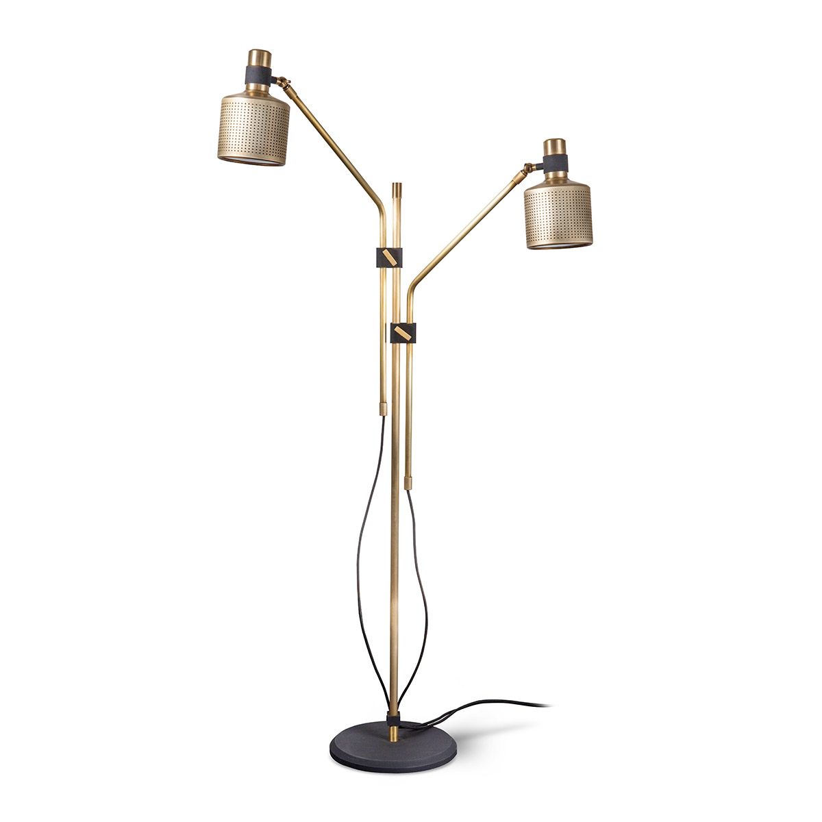 Luxusleuchten aus Großbritannien: Bert Frank Riddle Double Stehleuchte, H: 130 cm, poliertes Messing, exklusives britisches Design, funktionales Licht, Riddle-Serie mit exklusiven Designer-Wandleuchten