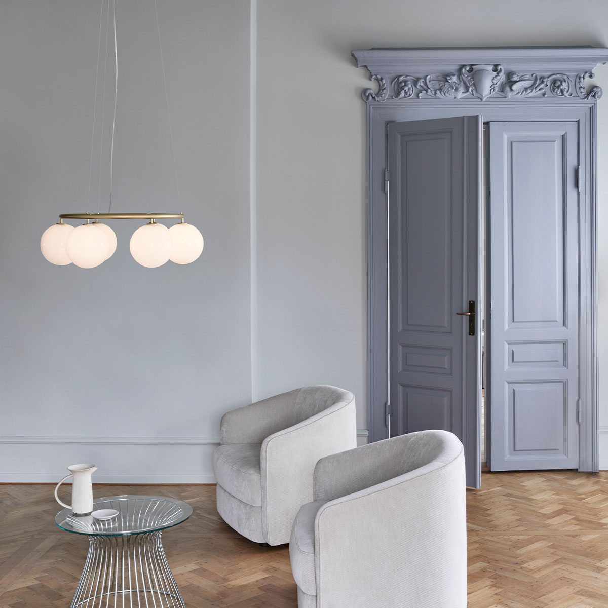 Miira 6 Kronleuchter Ø: 80 cm, Dunkelbronze, Glas transparent Miira 6 Kronleuchter Ø: 80 cm, Steingrau, Opalglas