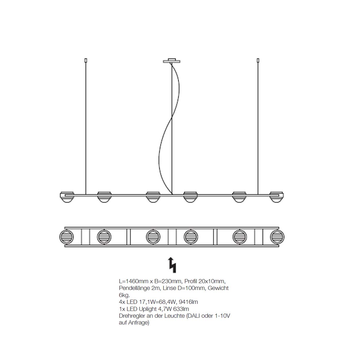 Ocular 6 Pendelleuchte, L: 236 cm, B:21 cm, Schwarz & Gold