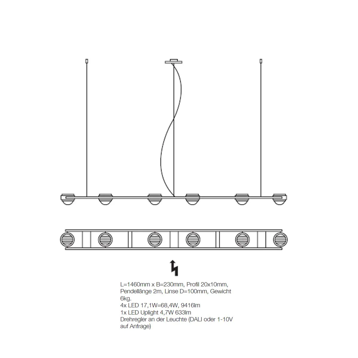 Ocular 6 Pendelleuchte, L: 236 cm, B:21 cm, Schwarz & Gold