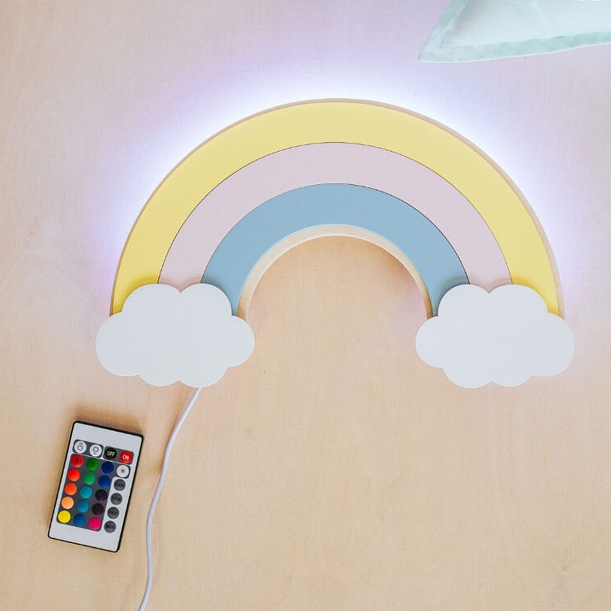Kinder LED Nachtlicht Regenbogen mit Farbwechsel, aus Holz, handgemacht, Gelb