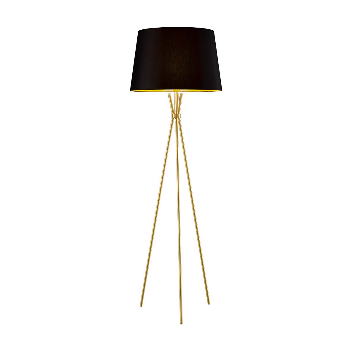 Elegante Stehleuchte mit Dreifuß aus Messing und rundem Schirm in der Farbe schwarz und gold Elegante Stehleuchte mit Dreifuß in der Farbe nickel matt und rundem Schirm in der Farbe schwarz und gold