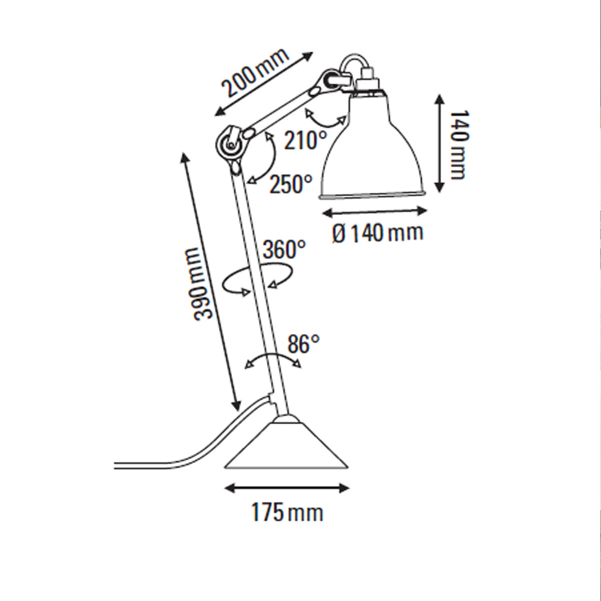 Technische Zeichnung DCW Editions Lampe Gras N° 205 Tischleuchte, H: 39 cm Schwarz, Schirm Gelb Konisch