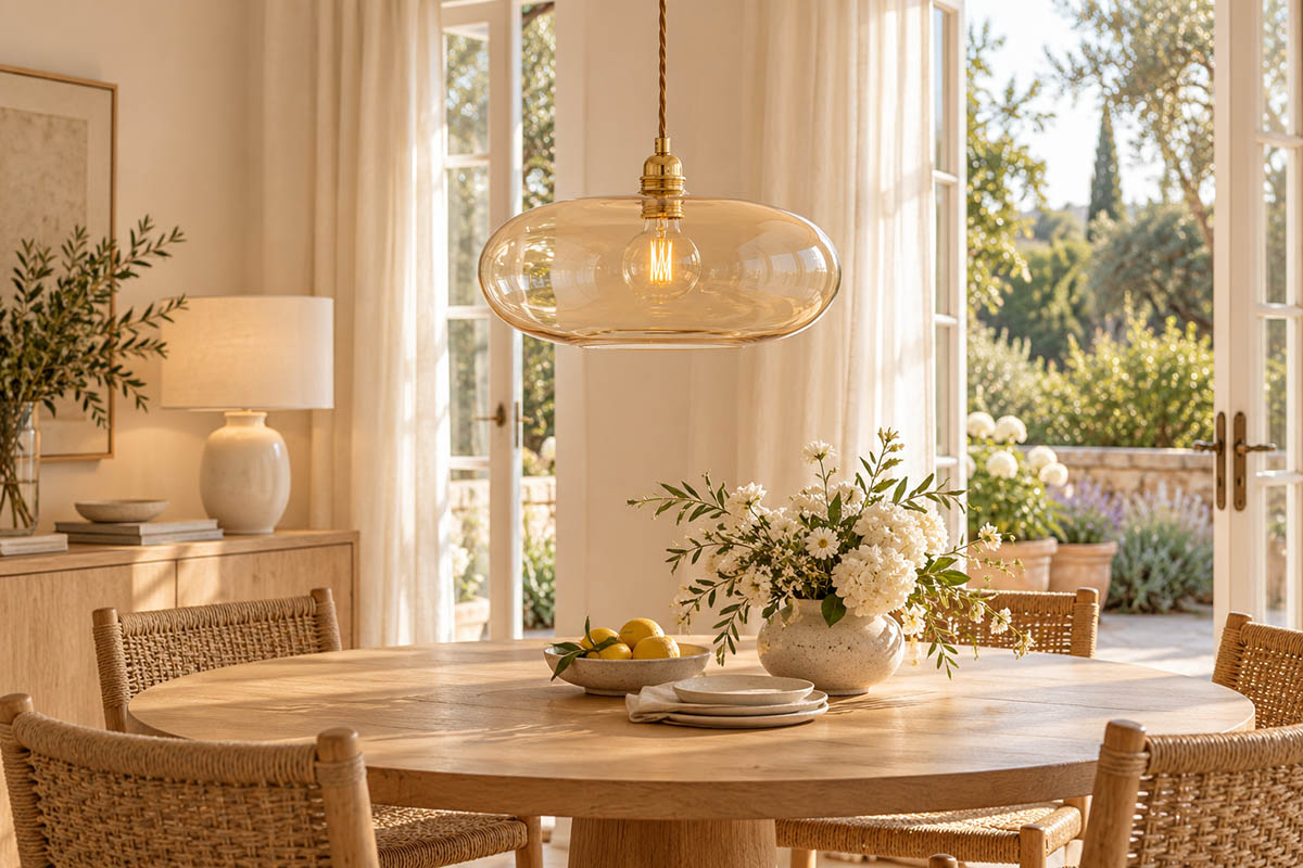 Champagnerfarbene Ebb & Flow Horizon Glaspendelleuchte über einem hellen Holztisch im sommerlichen Esszimmer
