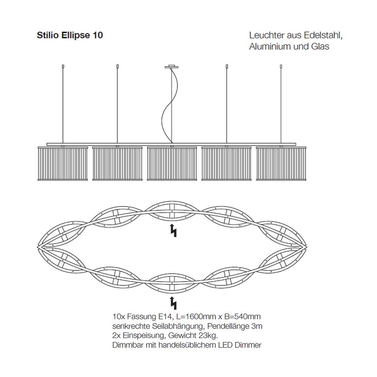 Stilio Pendelleuchte, L: 160 cm, Messing anlaufgeschützt, Oval 10