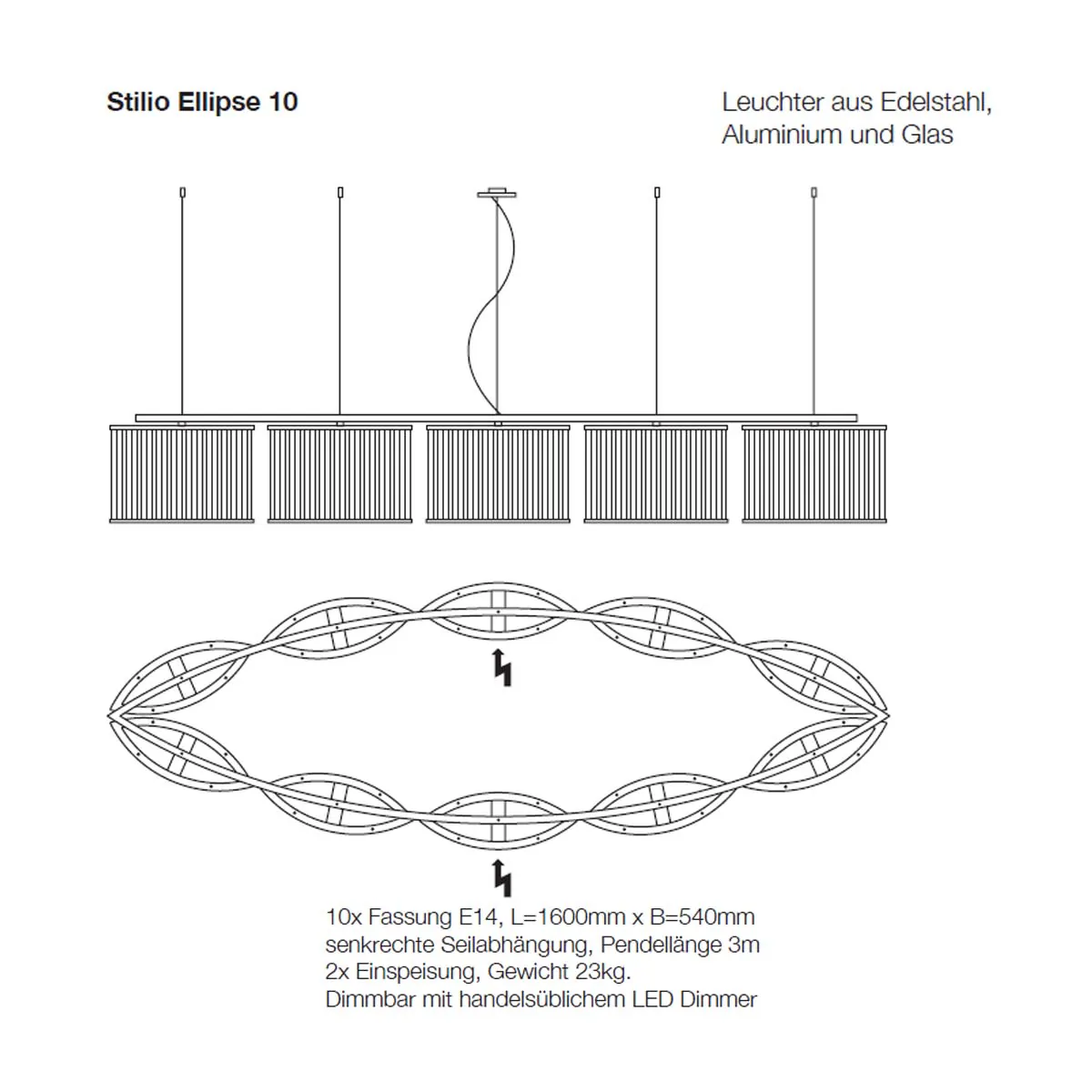 Stilio Pendelleuchte, L: 160 cm, Messing anlaufgeschützt, Oval 10