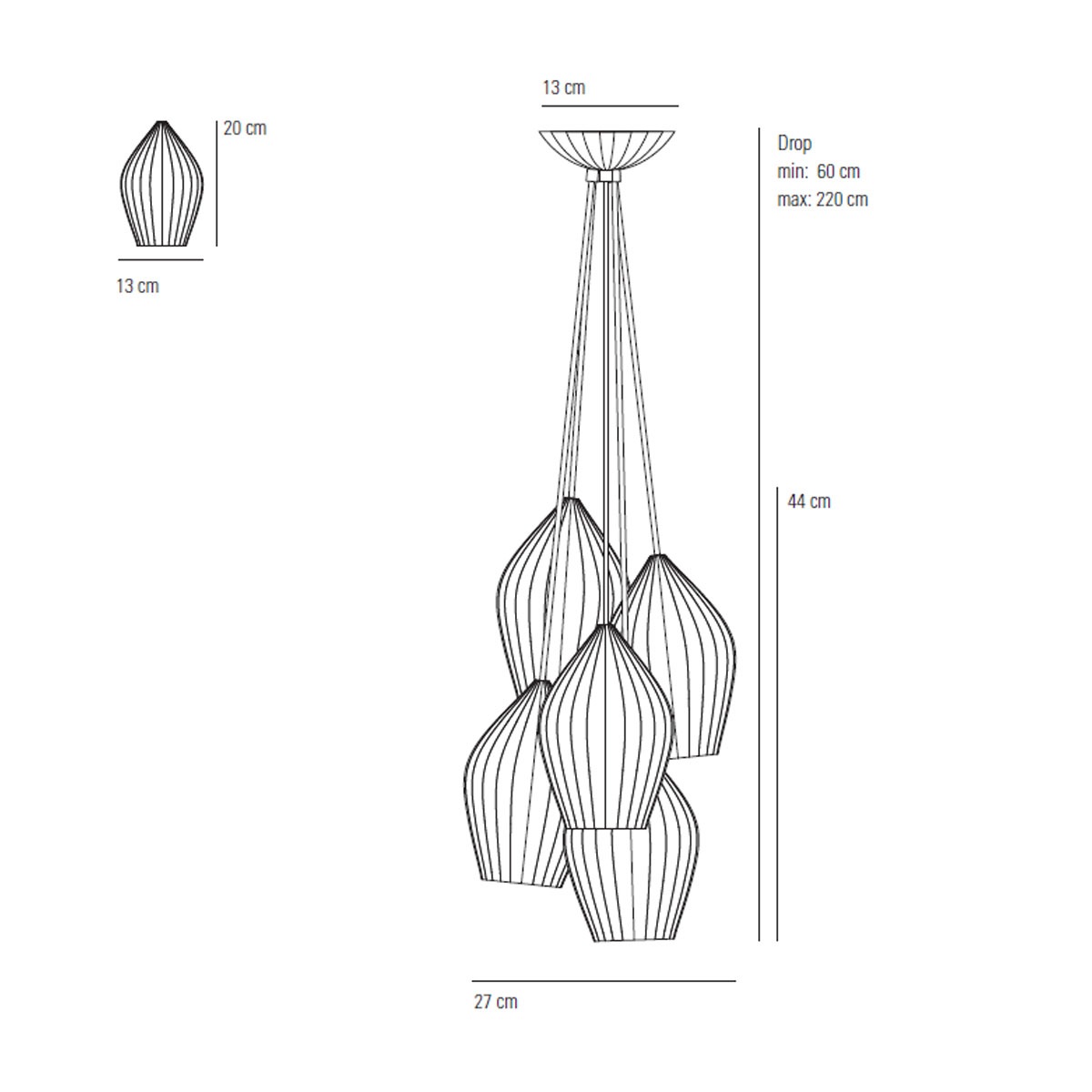 Fin Grouping of 5 Pendelleuchte, Ø: 27 cm, 5-flammig