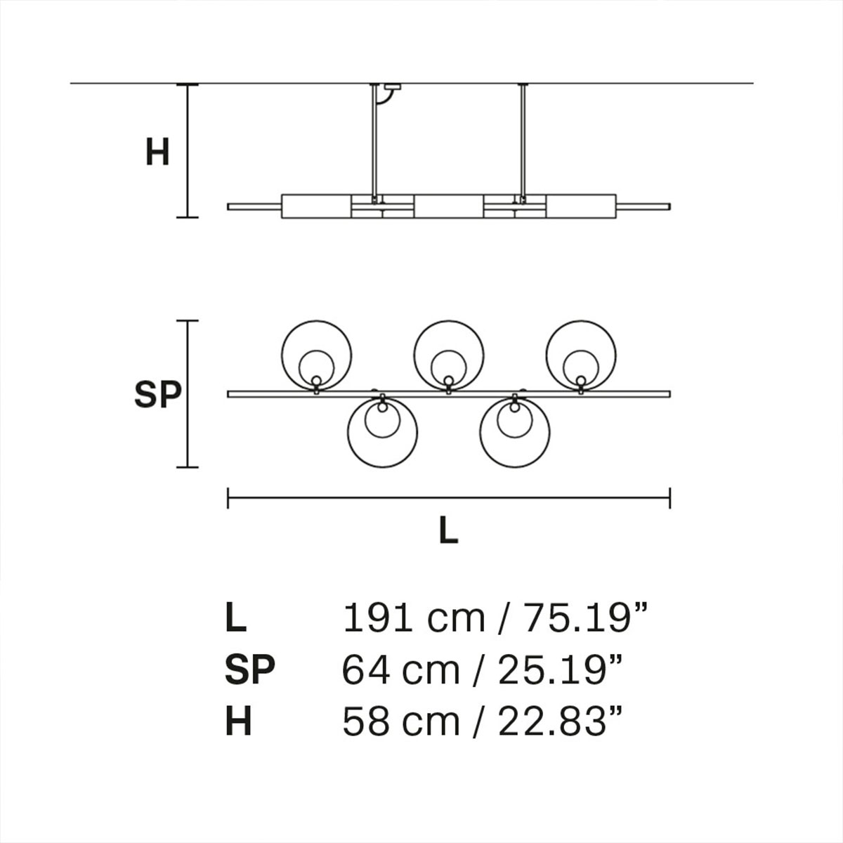 Sound BIL5 Pendelleuchte, L: 191 cm, 5-flammig, Gold gebürstet, Retrofit