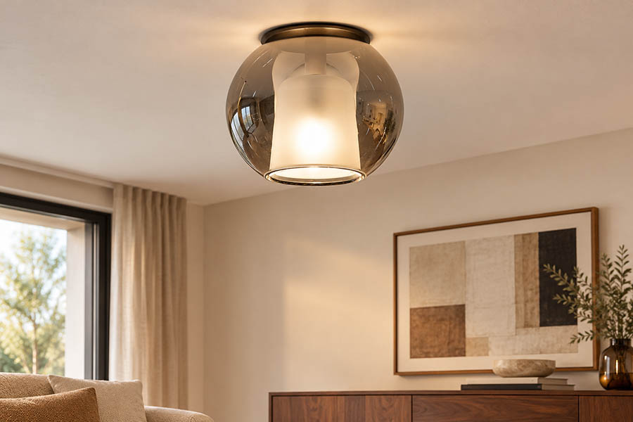 Rauchglas-Deckenleuchte mit innenliegendem Diffusor in einem hellen Wohnraum
