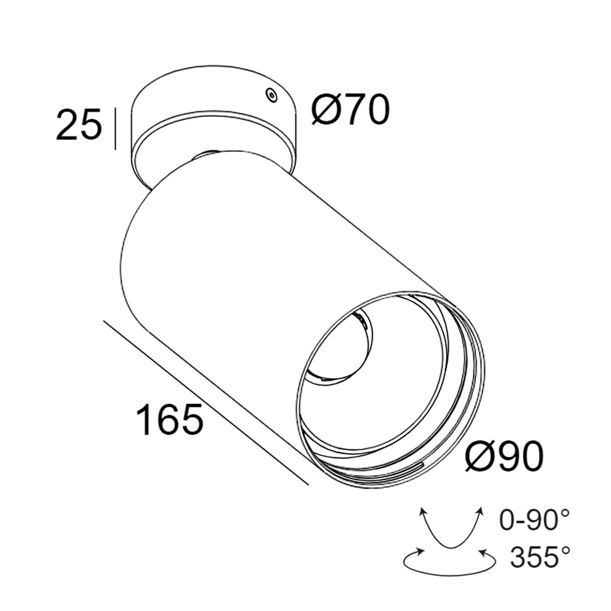 DeltaLight SPY 90 ON 1 93045 DIM1 Aufbaustrahler, Ø: 9 cm, L: 16,5 cm Weiß, Warmweiß 3000K, 45° Aufbaustrahler – technische Zeichnung
