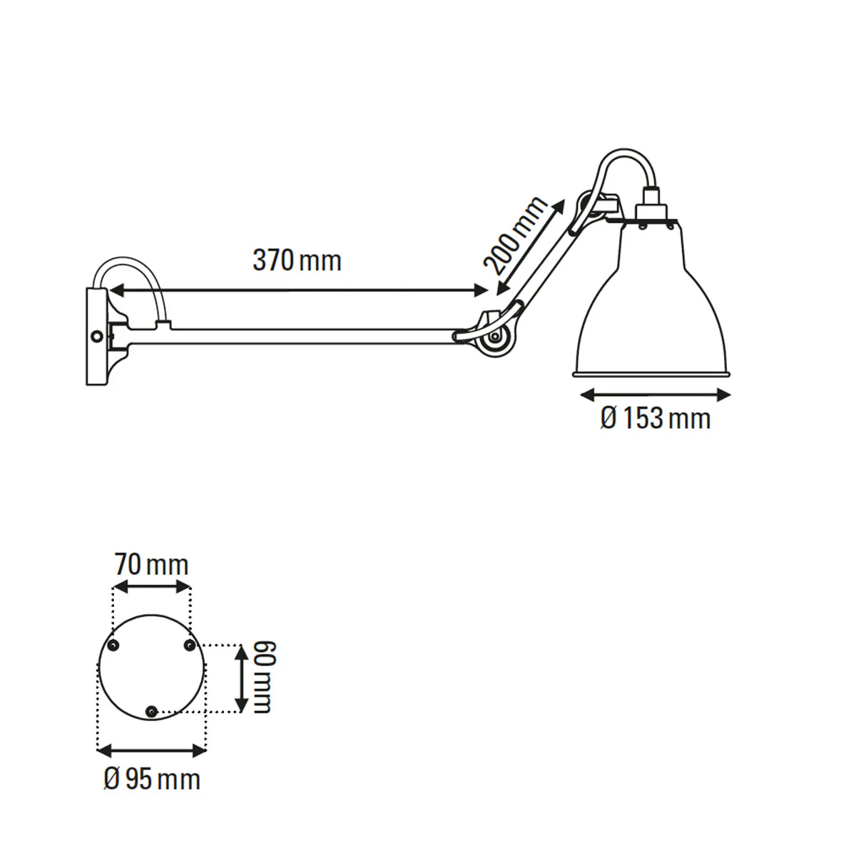 Technische Zeichnung DCW Editions Lampe Gras N° 204 L40 Wandleuchte Schwarz, Schirm Schwarz