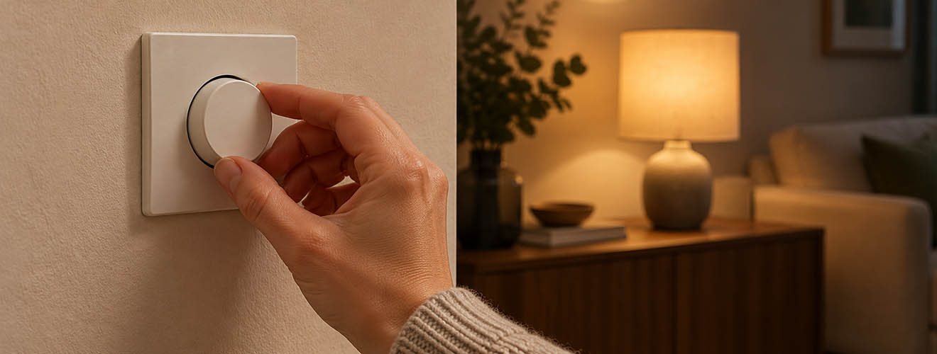 Hand bedient einen Wanddimmer vor einem warm beleuchteten Wohnbereich