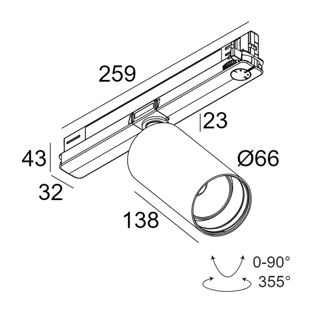 SPY 66 93045 ADM DIM5 Schienenstrahler, DALI dimmbar, Ø: 6,6 cm, Weiß, Warmweiß 3000K, 45°