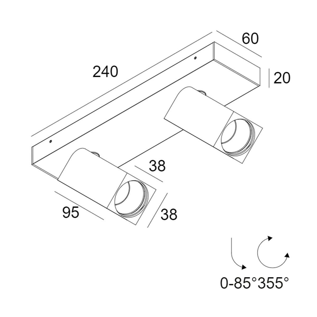 DeltaLight OCTAV 39 ON 2 92720 DIM8 Aufbaustrahler, L: 24 cm, B: 6 Weiß, Warmweiß 3000K, 40° Aufbaustrahler – technische Zeichnung
