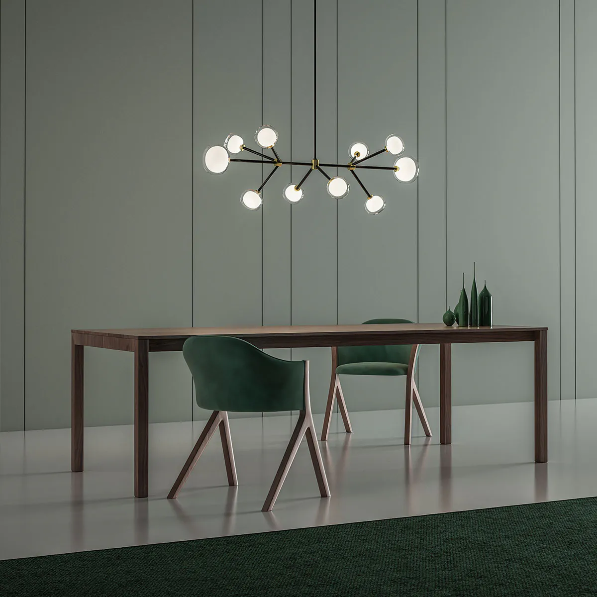 Designerleuchte TOOY Nabila 552.10 Pendelleuchte 10-flammig L: 130 cm, Schwarz Matt / Schwarz Chrom & Rauchglas aus Metall Glas in Schwarz