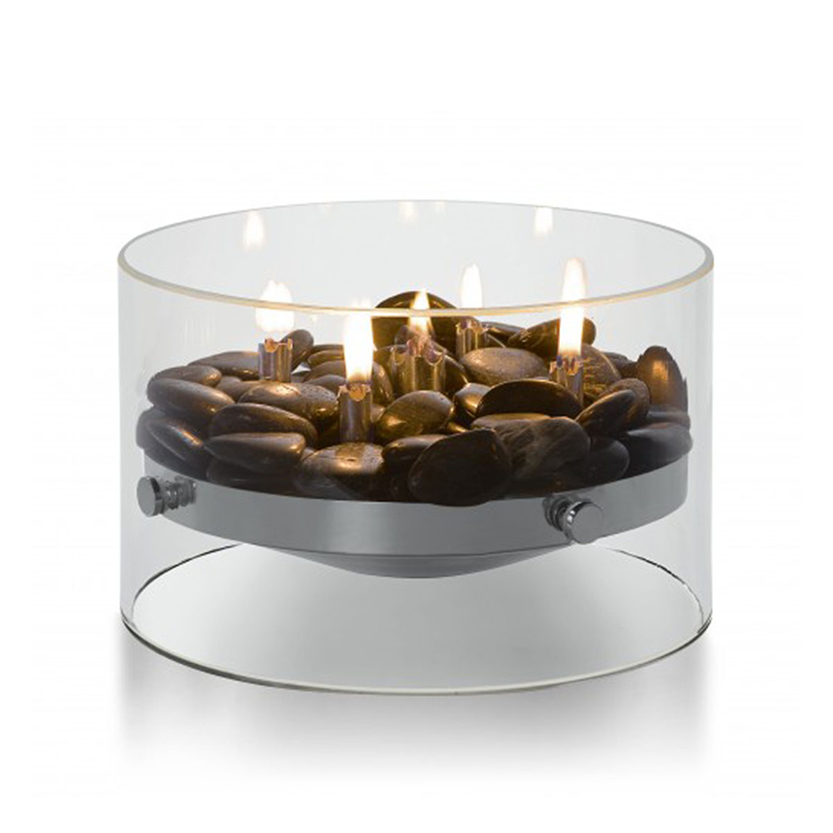 Fire Tischkamin, Glas, Stahl, Edelstahl, Flusssteine