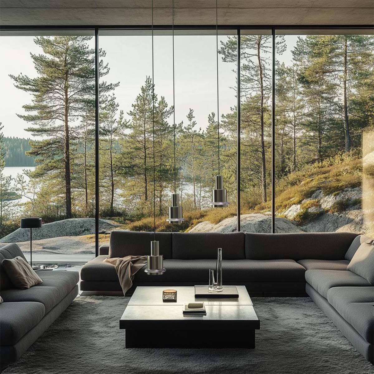 DCW Editions Chaumont 190 in Gelb vor Betonwand – moderne Hängelampe in Senfgelb über einem Holzsideboard, minimalistisches Interieur mit industriellem Touch