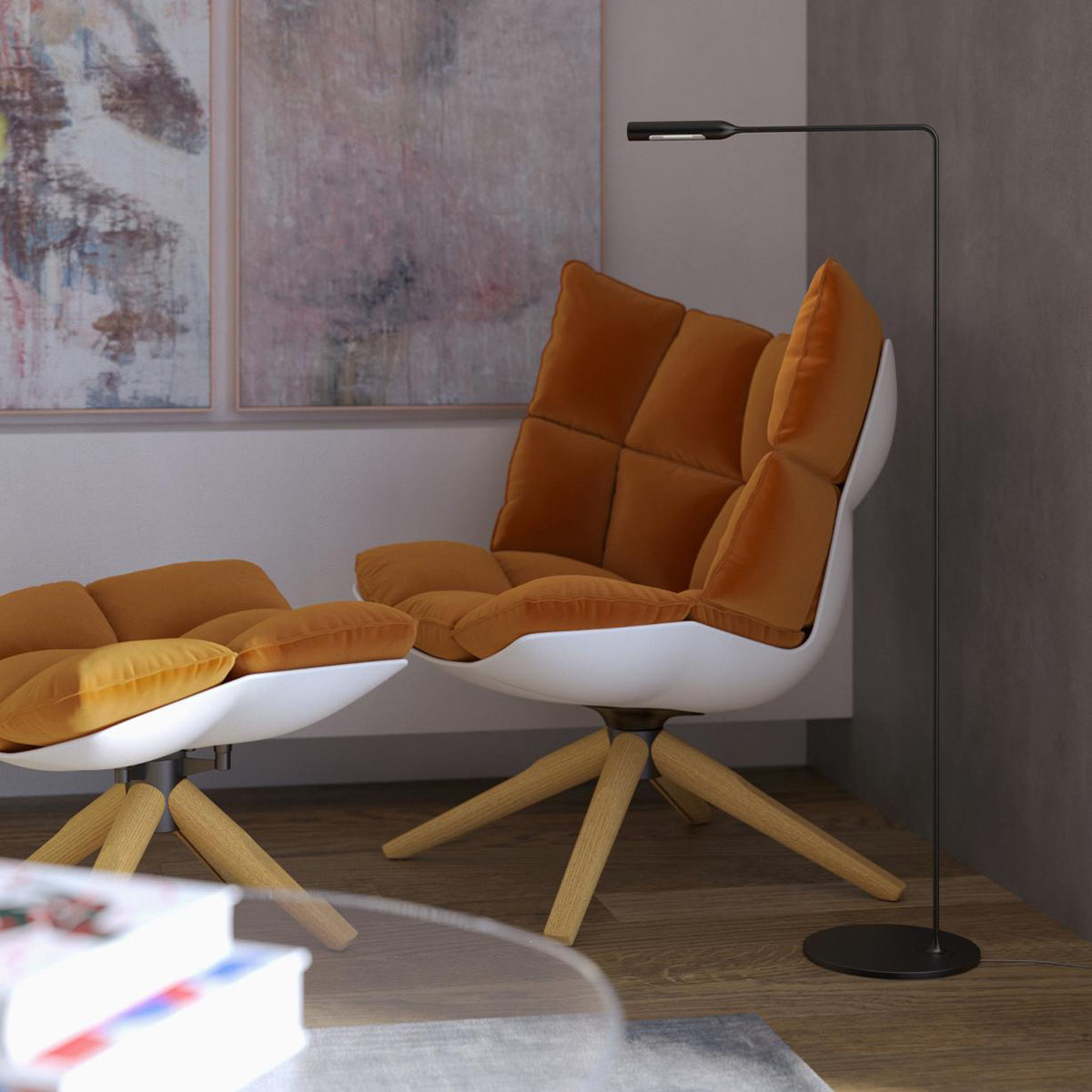 Flo Lounge Stehleuchte, H: 100 cm, Schwarz soft, Warmweiß 3000K Flo Lounge Stehleuchte, H: 100 cm, Gunmetal, Extra-Warmweiß 2700K