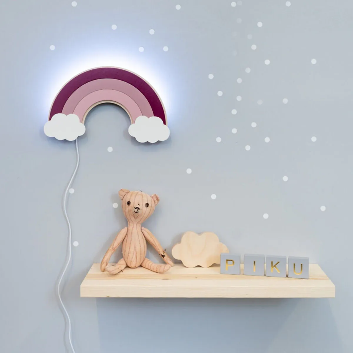 Kinder LED Nachtlicht Regenbogen mit Farbwechsel, aus Holz, handgemacht, Rosa