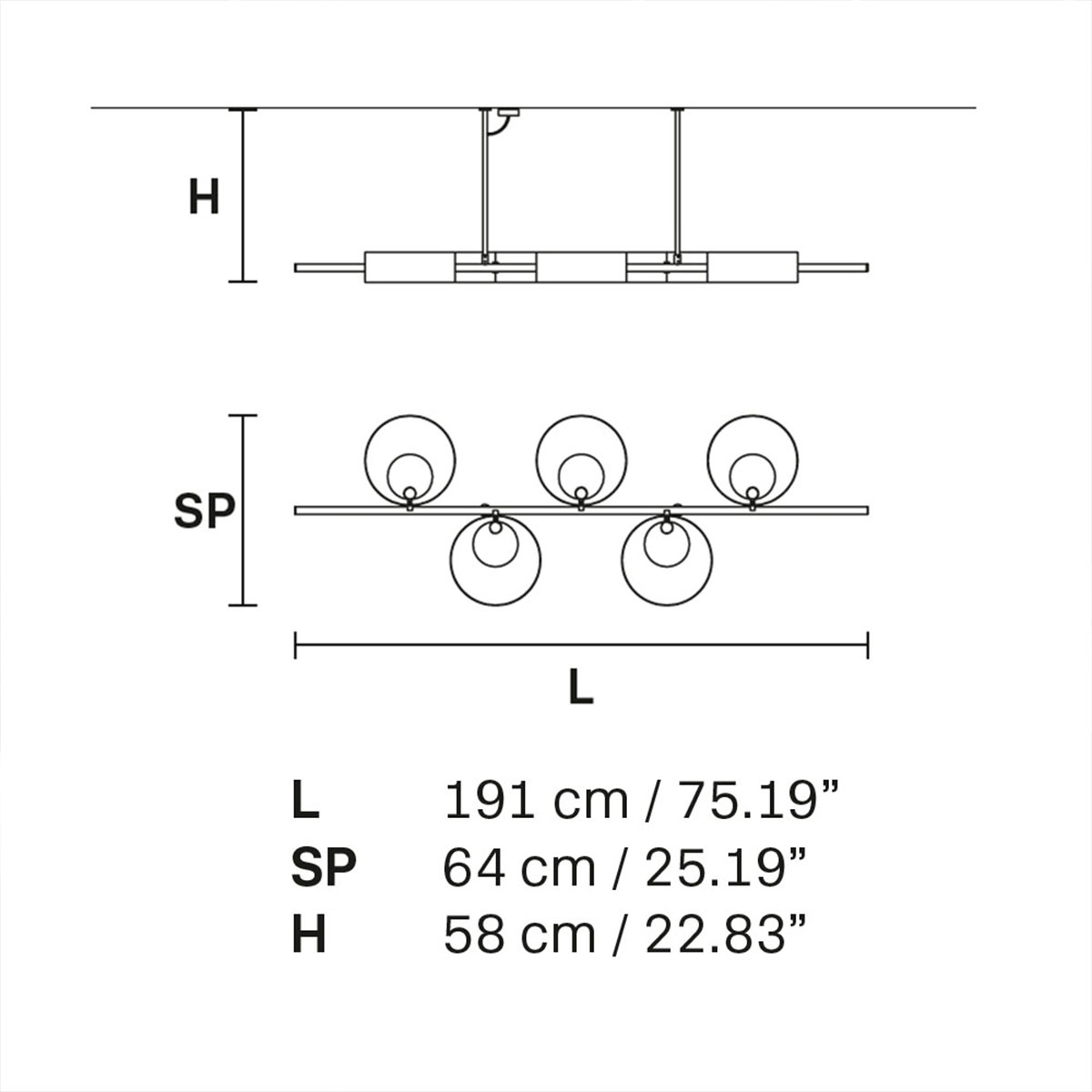Sound BIL5 Pendelleuchte, L: 191 cm, 5-flammig, Gold gebürstet, Retrofit Sound BIL5 Pendelleuchte, L: 191 cm, 5-flammig, Messing gebürstet & Schwarz matt, LED-Modul