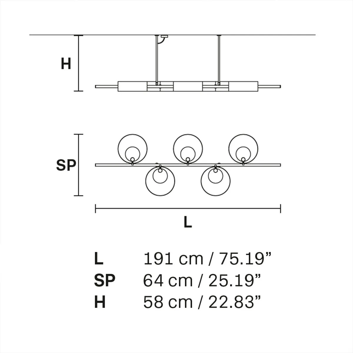 Sound BIL5 Pendelleuchte, L: 191 cm, 5-flammig, Messing gebürstet & Schwarz matt, LED-Modul