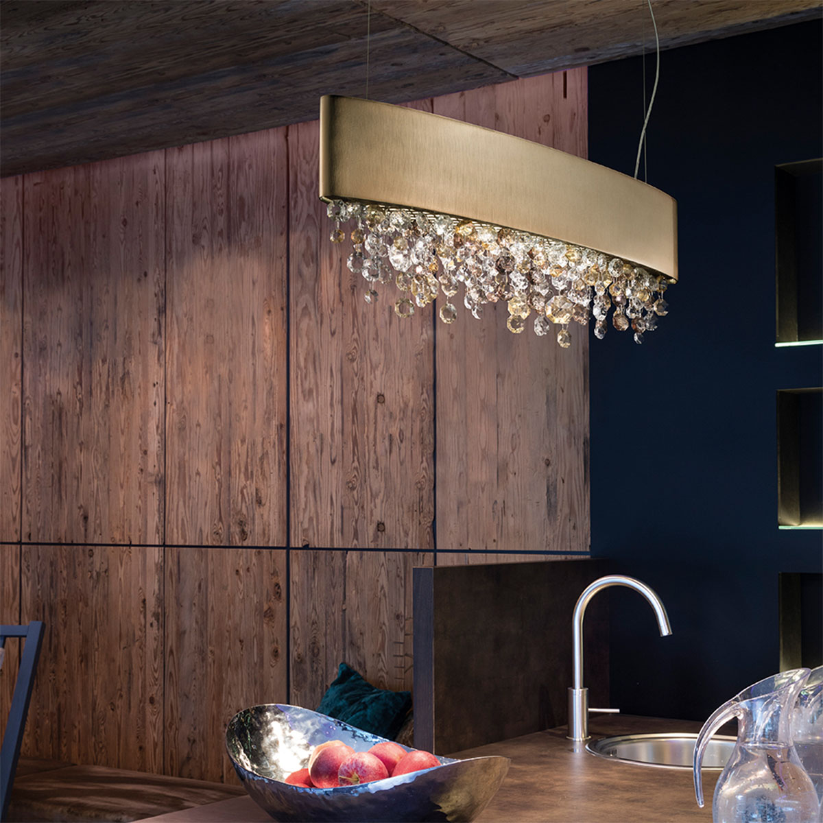 Olà S1 OV 30 Pendelleuchte, Gold brüniert, L: 30 cm, Retrofit Olà S8 OV 210 Pendelleuchte, Weiß matt, L: 210 cm, LED-Modul