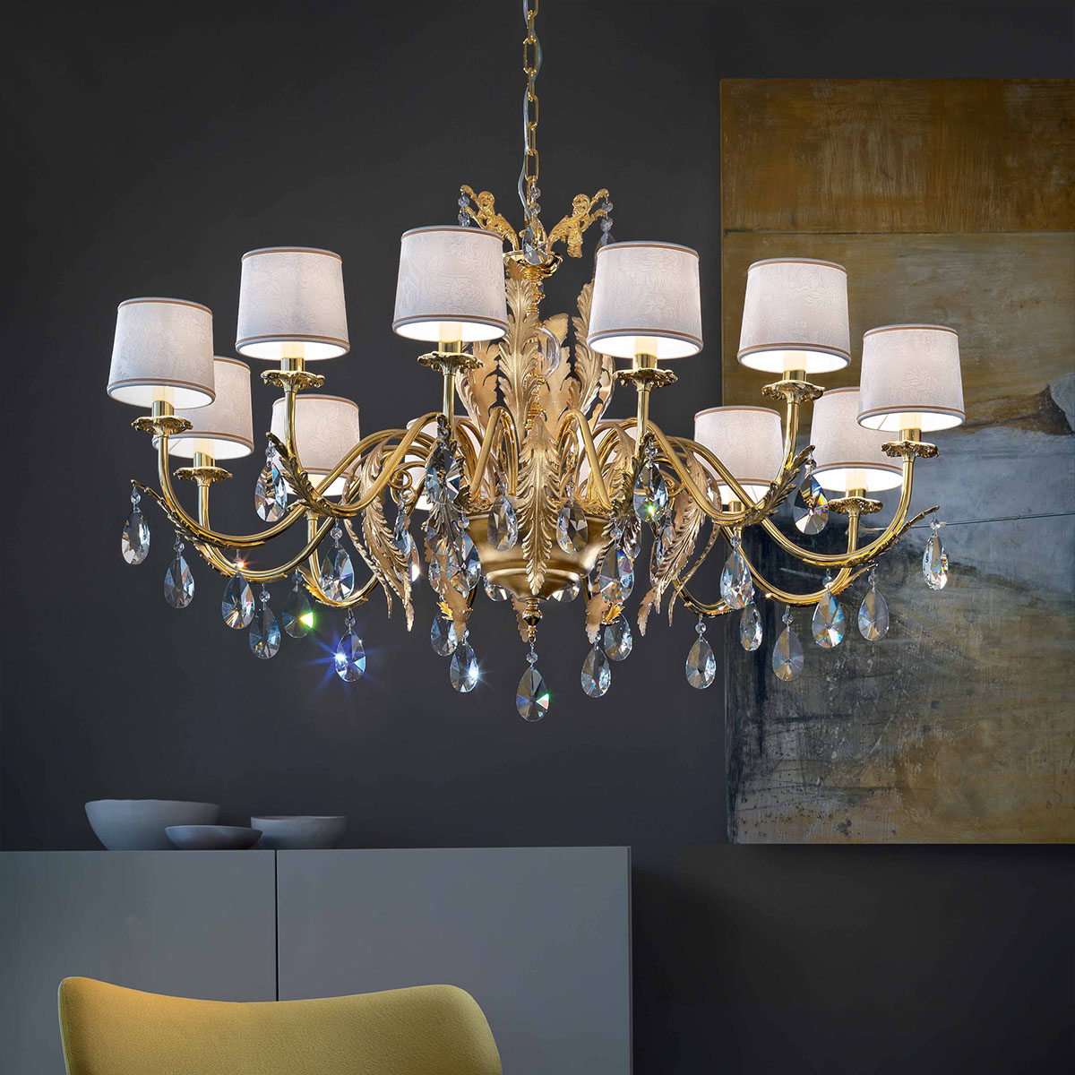 Acantia 12 Kronleuchter, 12-flammig, Ø: 120 cm , Gold glänzend & Blattgold Acantia 12 Kronleuchter, 12-flammig, Ø: 120 cm , Gold glänzend & Blattgold