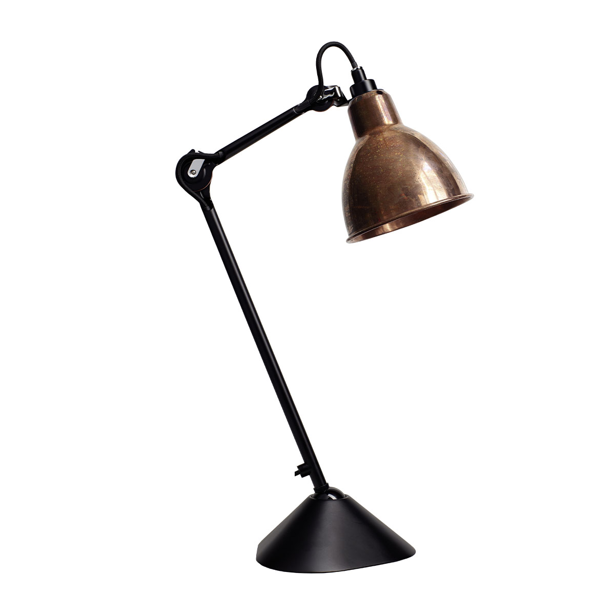 Lampe Gras N° 205 Tischleuchte, H: 39 cm Schwarz, Schirm Kupfer roh & Weiß Konisch