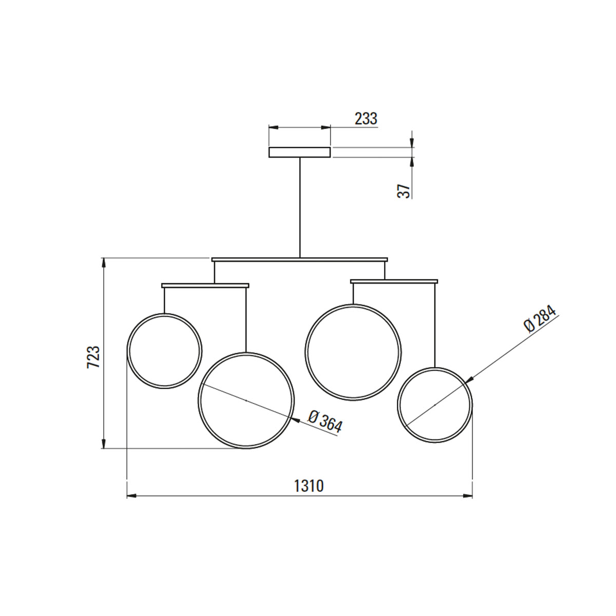 Technische Zeichnung DCW Editions Focus x4 Pendelleuchte, H: 72,3 cm Weiß 4-flammig