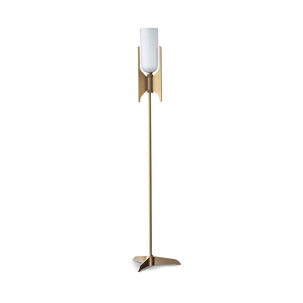 gebürstetes Messing und Porzellan Leuchte von Bert Frank – Pennon Standlampe, H: 140,5 cm, Messing gebürstet, geometrische Formen, gleichmäßige Beleuchtung gebürstetes Messing und Porzellan Leuchte von Bert Frank – Pennon Standlampe, H: 140,5 cm, Messing gebürstet, geometrische Formen, gleichmäßige Beleuchtung