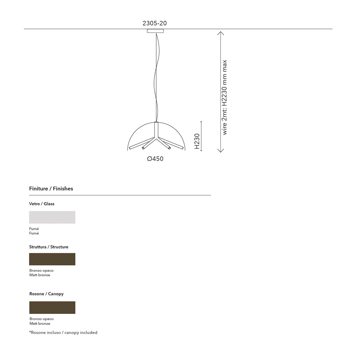 Runa Pendelleuchte, Bronze Rauchglas, Ø: 45 cm, Extra-Warmweiß 2700K, 0-10V