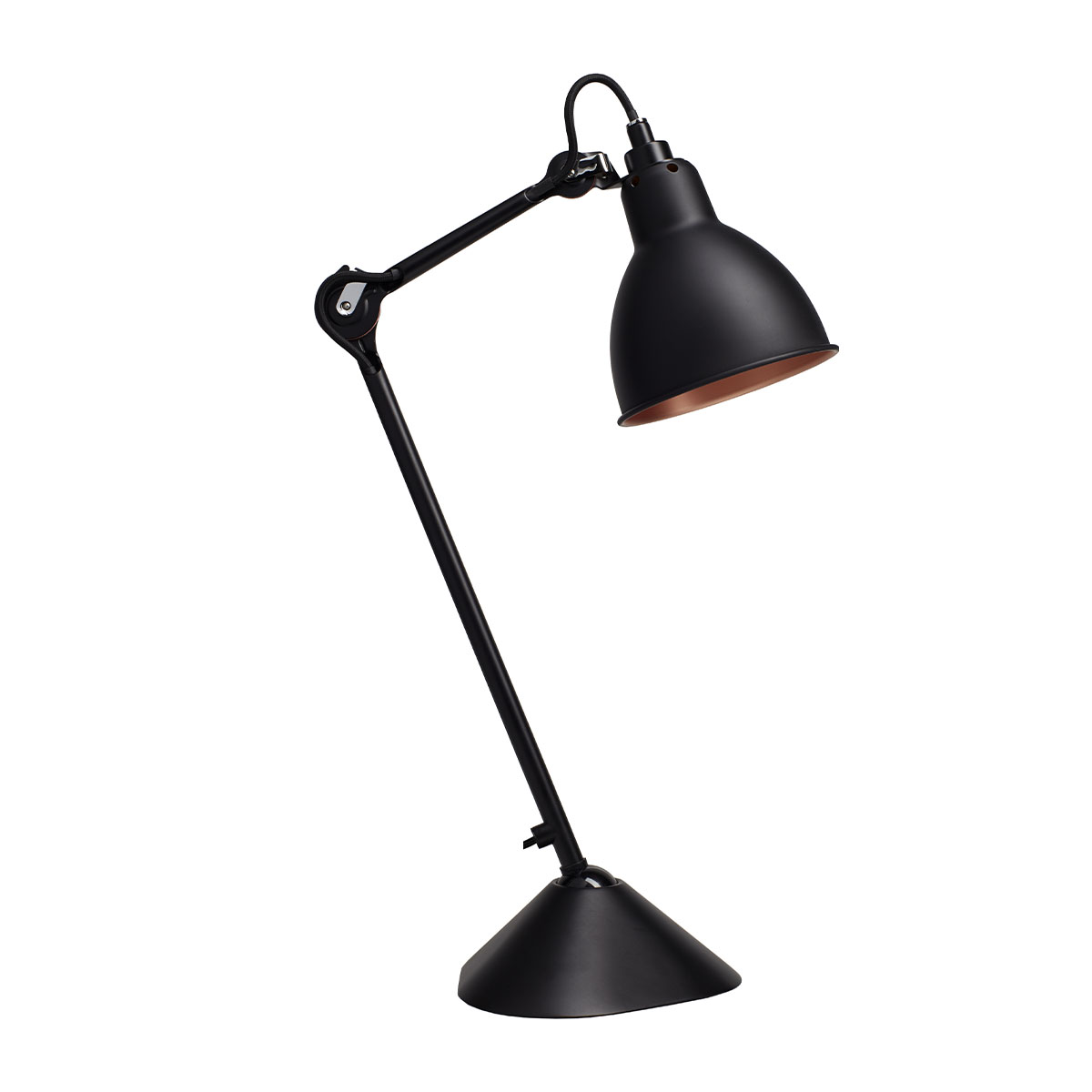 Lampe Gras N° 205 Tischleuchte, H: 39 cm Schwarz, Schirm Schwarz & Kupfer Konisch