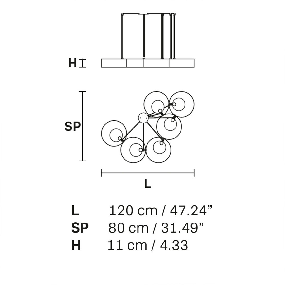 Sound OR6 Pendelleuchte, L: 120 cm, B: 80 cm, 6-flammig, Gold gebürstet, Retrofit Sound OR6 Pendelleuchte, L: 120 cm, B: 80 cm, 6-flammig, Messing gebürstet & Schwarz matt, LED-Modul