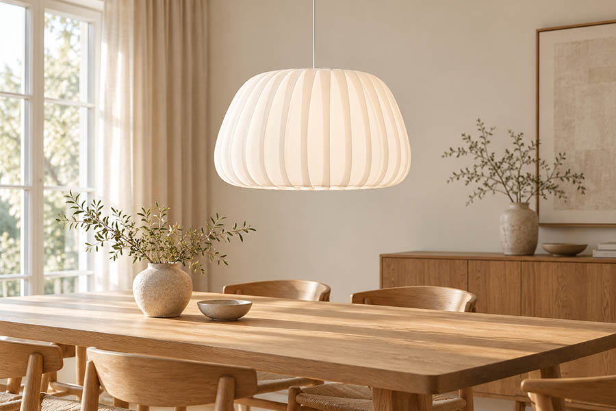 Skandinavische Pendelleuchte über einem Holztisch