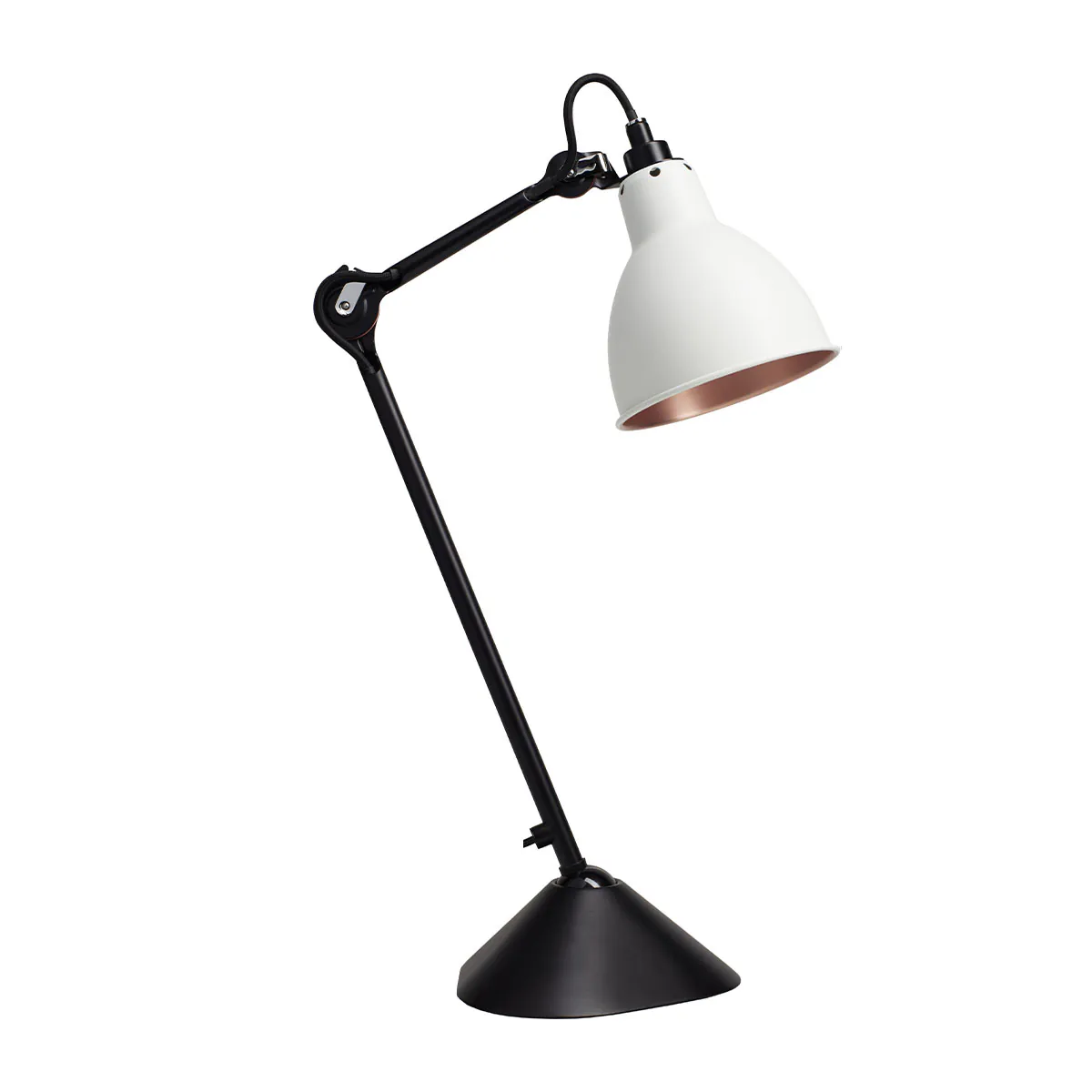 Lampe Gras N° 205 Tischleuchte, H: 39 cm Schwarz, Schirm Weiß & Kupfer Rund in Schwarz Weiß – elegante Designerlampe des Herstellers DCW Editions geeignet fürs Wohnzimmer