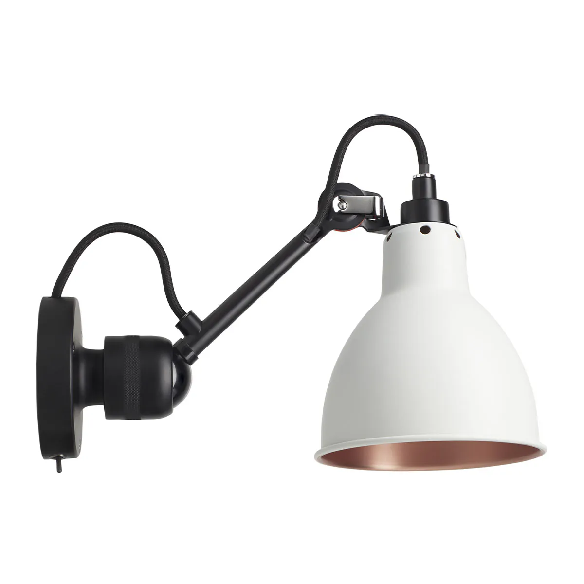Lampe Gras N° 304 SW Wandleuchte, T: 15 cm Schwarz, Schirm Weiß & Kupfer Rund in Schwarz Weiß – moderne Designerlampe von DCW Editions für den Flur