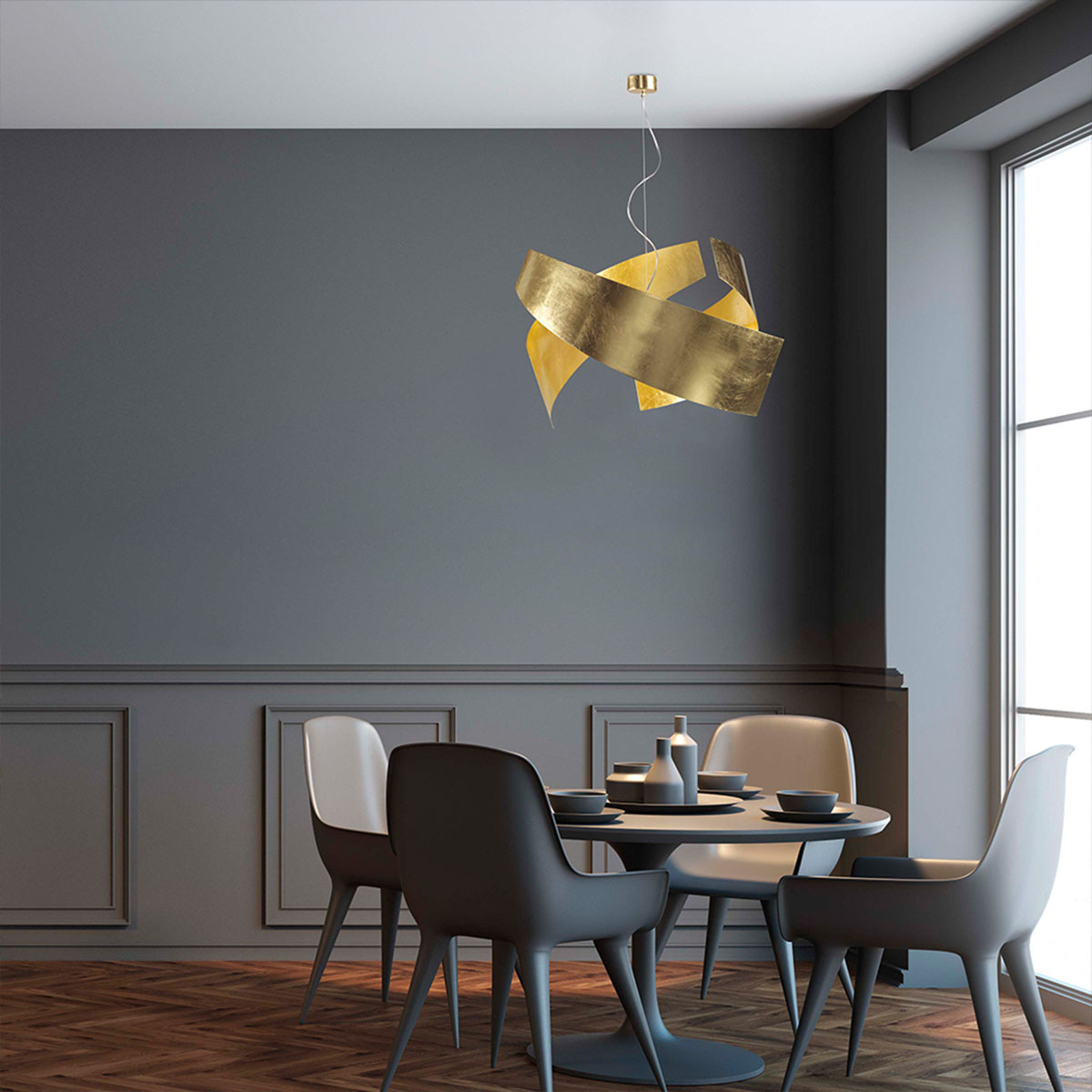 Ella S65 Pendelleuchte, Ø: 65 cm, H: 40 cm, Weiß Ella S65 Pendelleuchte, Ø: 65 cm, H: 40 cm, Schwarz & Goldfarbe