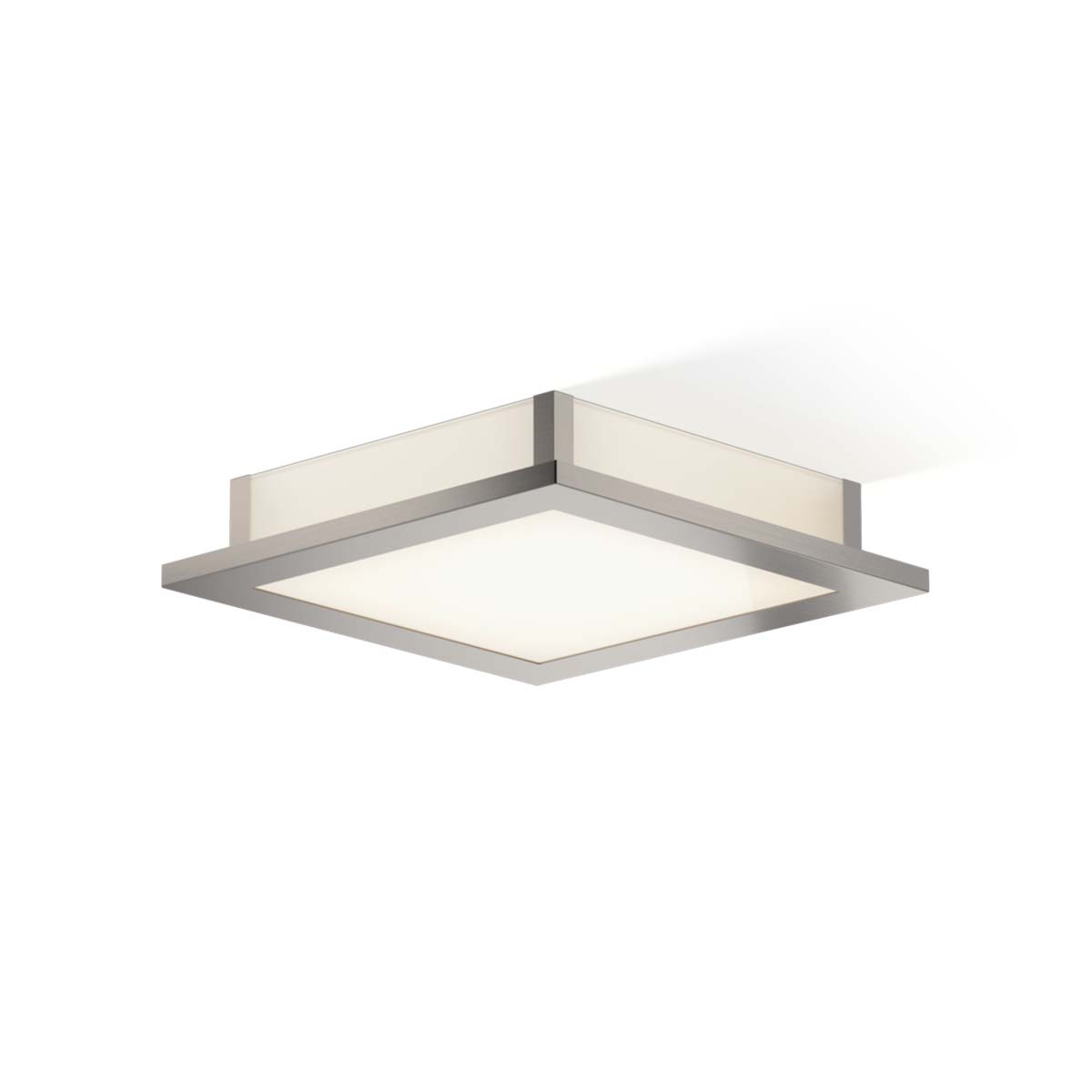 Quadratische Deckenleuchte Decor Walther KUBIC 30 in Nickel satiniert. Modernes Design mit klaren Linien, Metallrahmen und satiniertem Glasdiffusor für gleichmäßige Lichtverteilung.